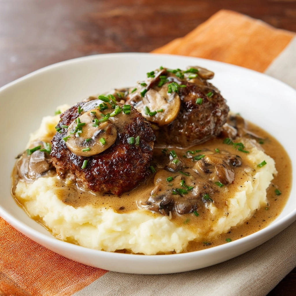 Saftige Hausmacher-Frikadellen mit Pilzrahmsoße und Püree, nahaufnahme der servierten Portion mit Pilzen und Kräutern garniert.