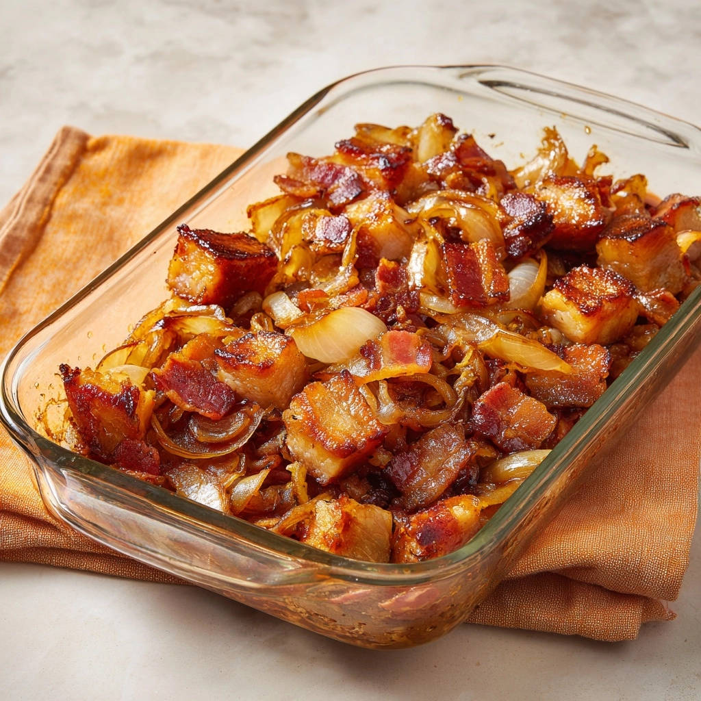 Herzhafte Rinder-Schmorwürfel mit Zwiebeln und Speck werden in einem Glasauflauf serviert.