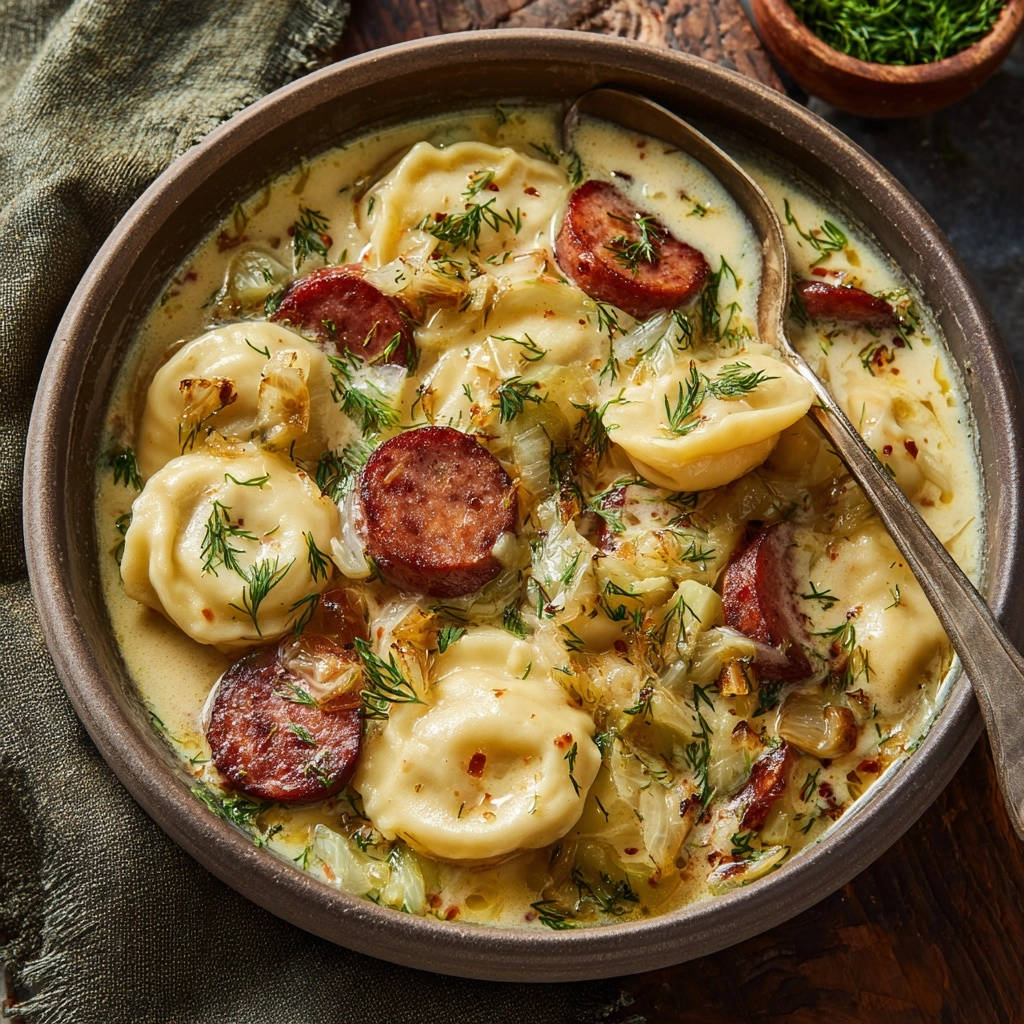 Herzhafte Tortellini-Kohl-Suppe mit Wurstscheiben und Dill, nahaufnahme in einer Schüssel