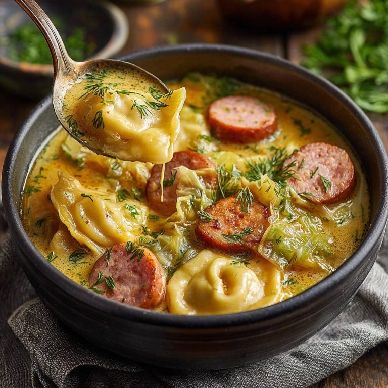 Herzhafte Tortellini-Kohl-Suppe mit Wurstscheiben, von einem Löffel aufgenommen, der eine einzelne Tortellini zeigt.