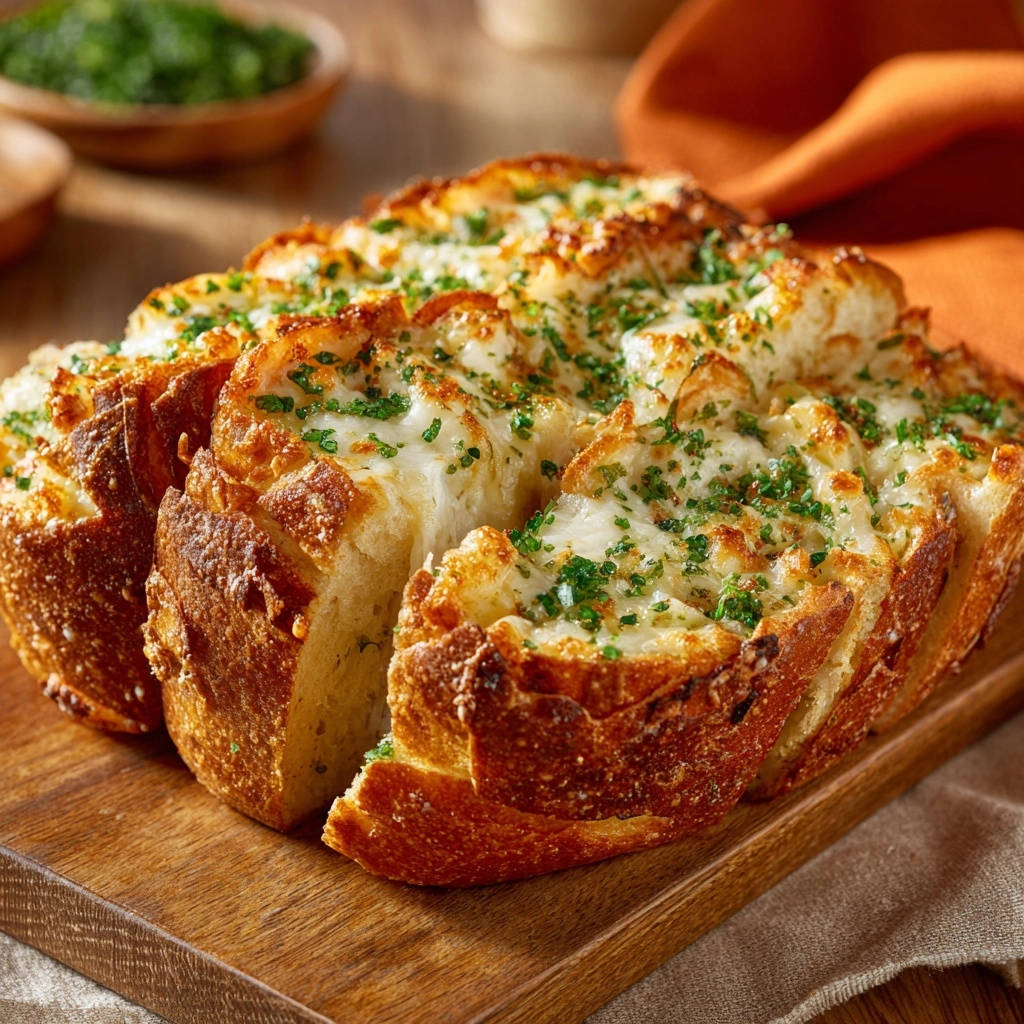 Herzhaftes Knoblauch-Käse-Zupfbrot, angeschnitten und mit gehackter Petersilie bestreut, auf einem Holzbrett serviert.