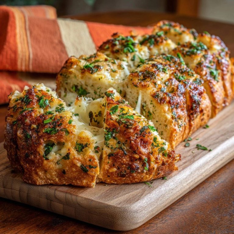 Herzhaftes Knoblauch-Käse-Zupfbrot angeschnitten auf einem Holzbrett mit geschmolzenem Käse und Petersilie