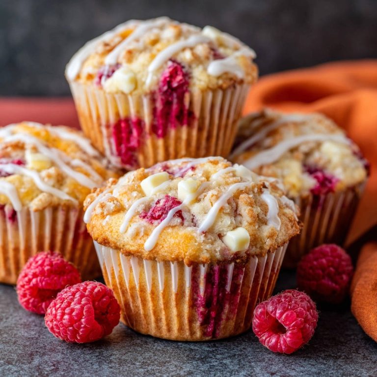 Himbeer-Weiße Schokolade Muffins nah aufgenommen mit frischen Himbeeren und weißer Schokoladenstückchen verziert