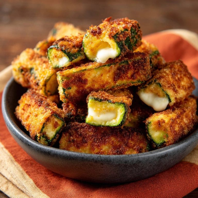 Knusprige Käse-Zucchini-Sticks angeschnitten, die den geschmolzenen Käse im Inneren zeigen