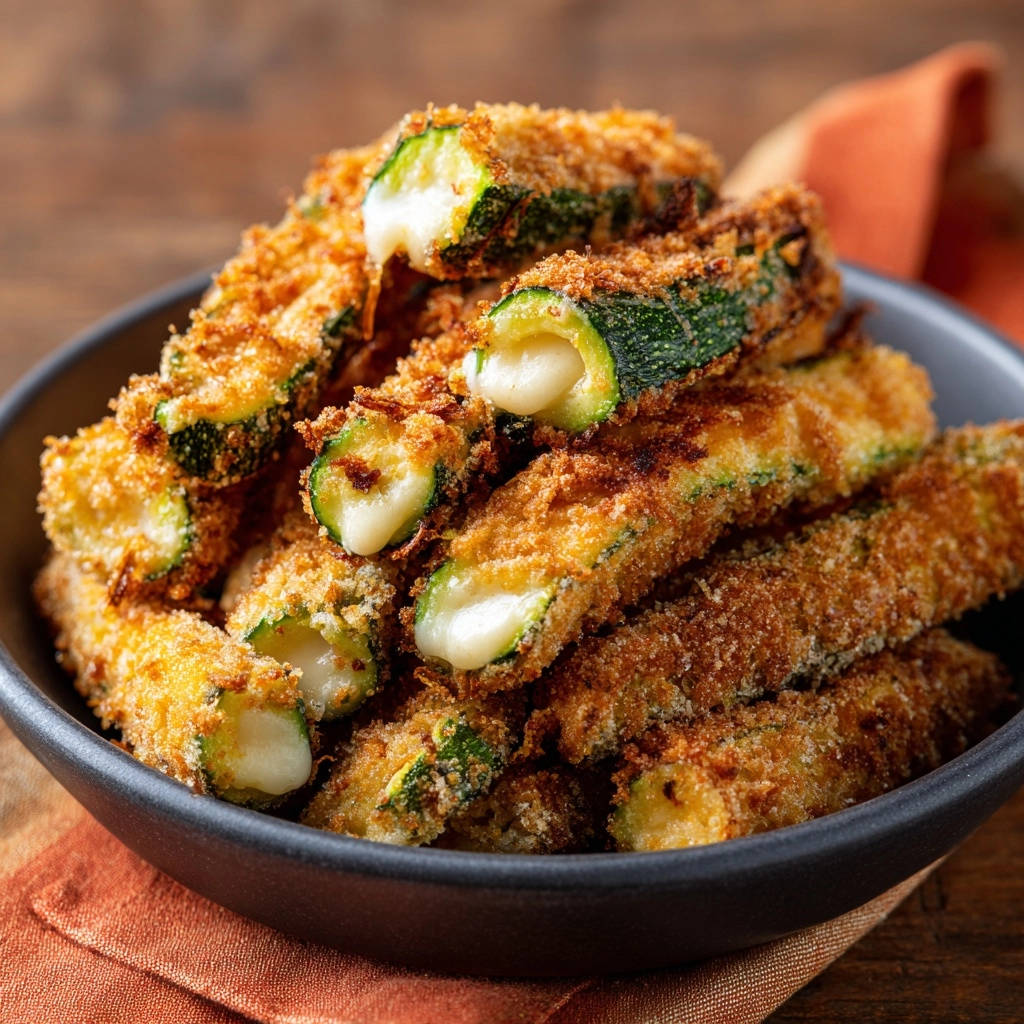 Knusprige Käse-Zucchini-Sticks, die im Anschnitt ihren geschmolzenen Käse zeigen.