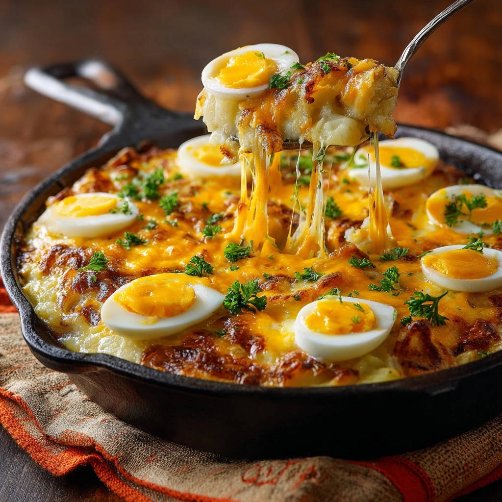 Herzhafter Kartoffel-Käse-Gratin mit geschmolzenem Käse, der von einer Gabel gezogen wird, garniert mit Eiern und Petersilie.