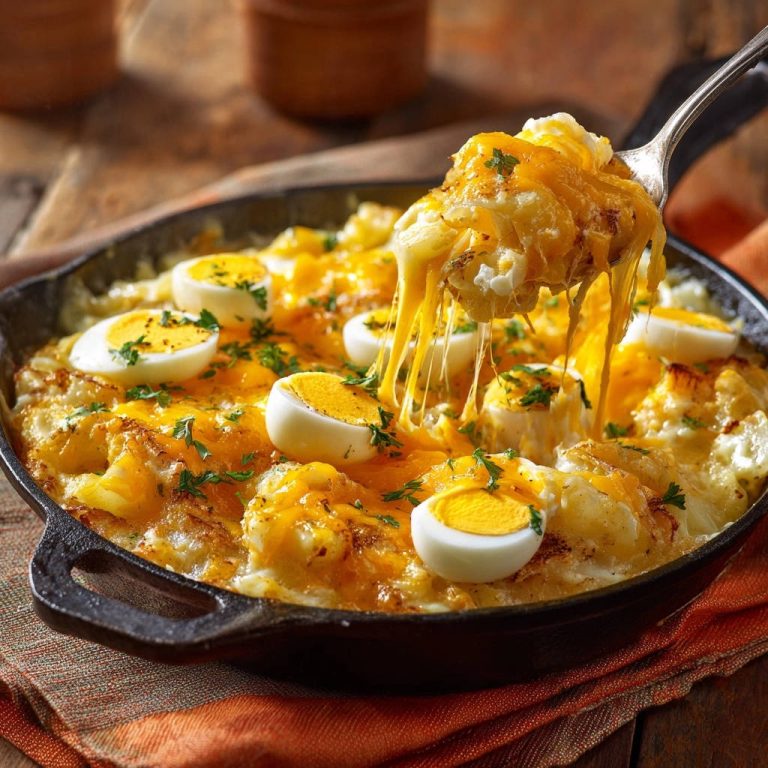 Herzhafter Kartoffel-Käse-Gratin mit gekochtem Ei und geschmolzenem Käse, der von einer Gabel gezogen wird.