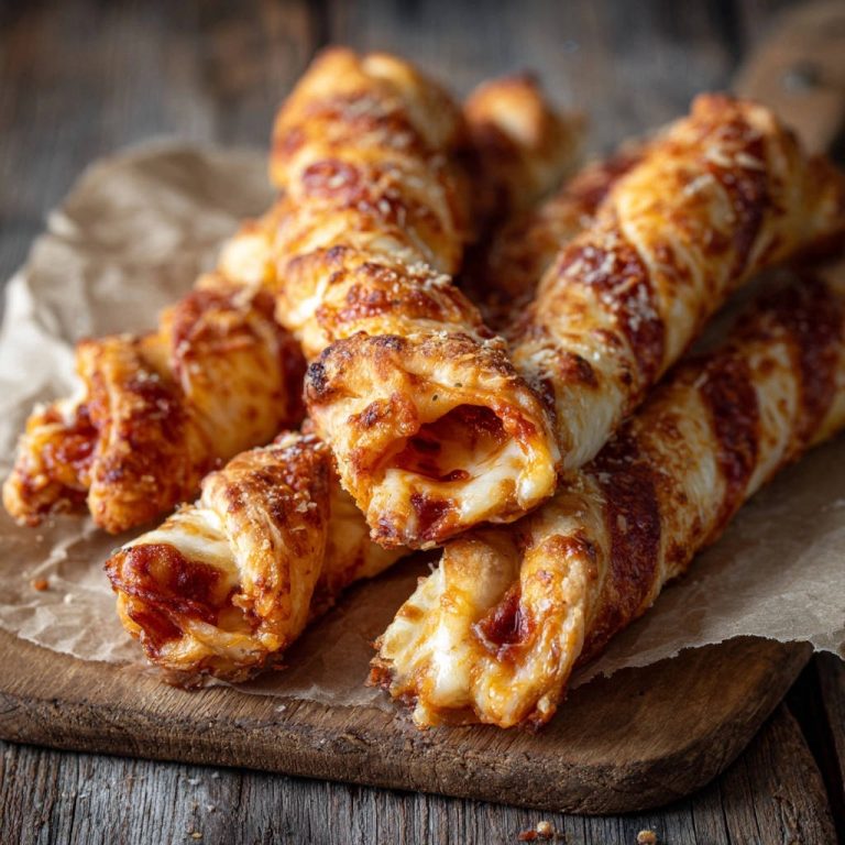 Knusprige Pizza-Twists mit geschmolzenem Käse im detailreichen Querschnitt, die Füllung ist sichtbar