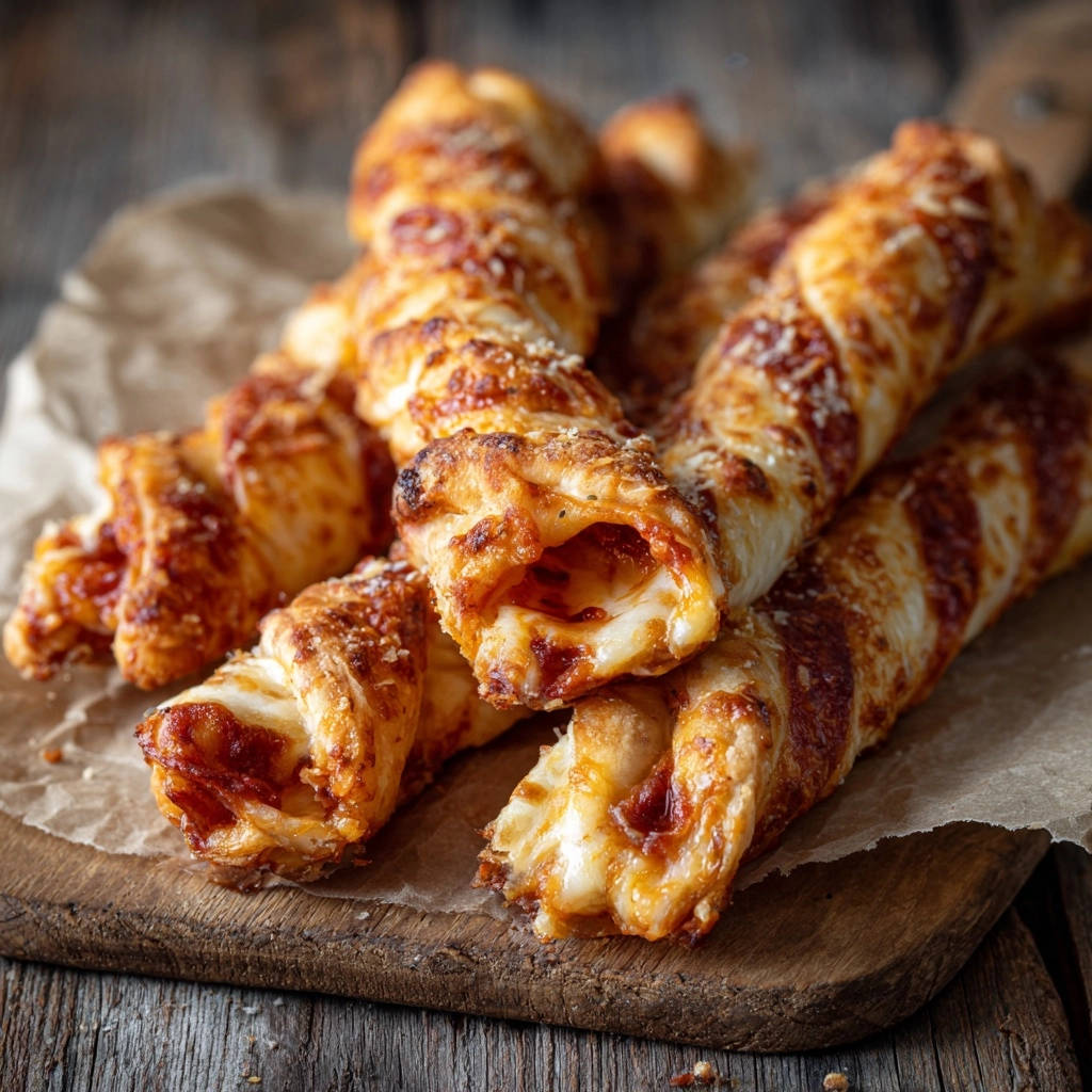 Knusprige Pizza-Twists mit geschmolzenem Käse im detailreichen Querschnitt, die Füllung ist sichtbar