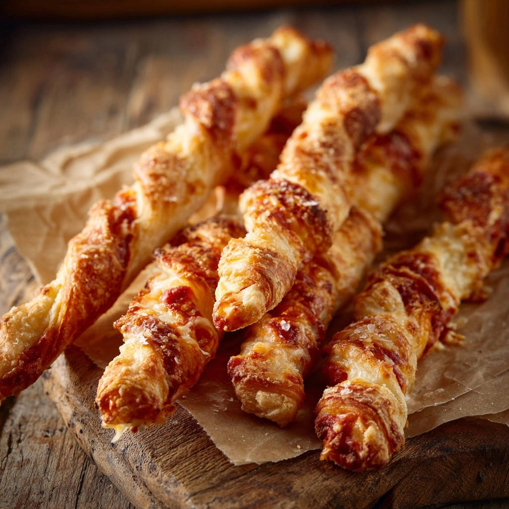 Knusprige Pizza-Twists mit geschmolzenem Käse und einer Nahaufnahme des gedrehten Teigs auf einer Holzunterlage.