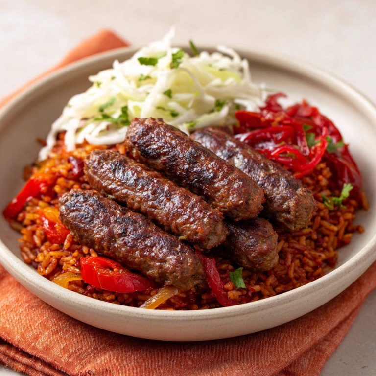 Saftige Köfte mit Gewürzreis und frischem Salat als Nahaufnahme in einer Schüssel serviert, garniert mit Kräutern.