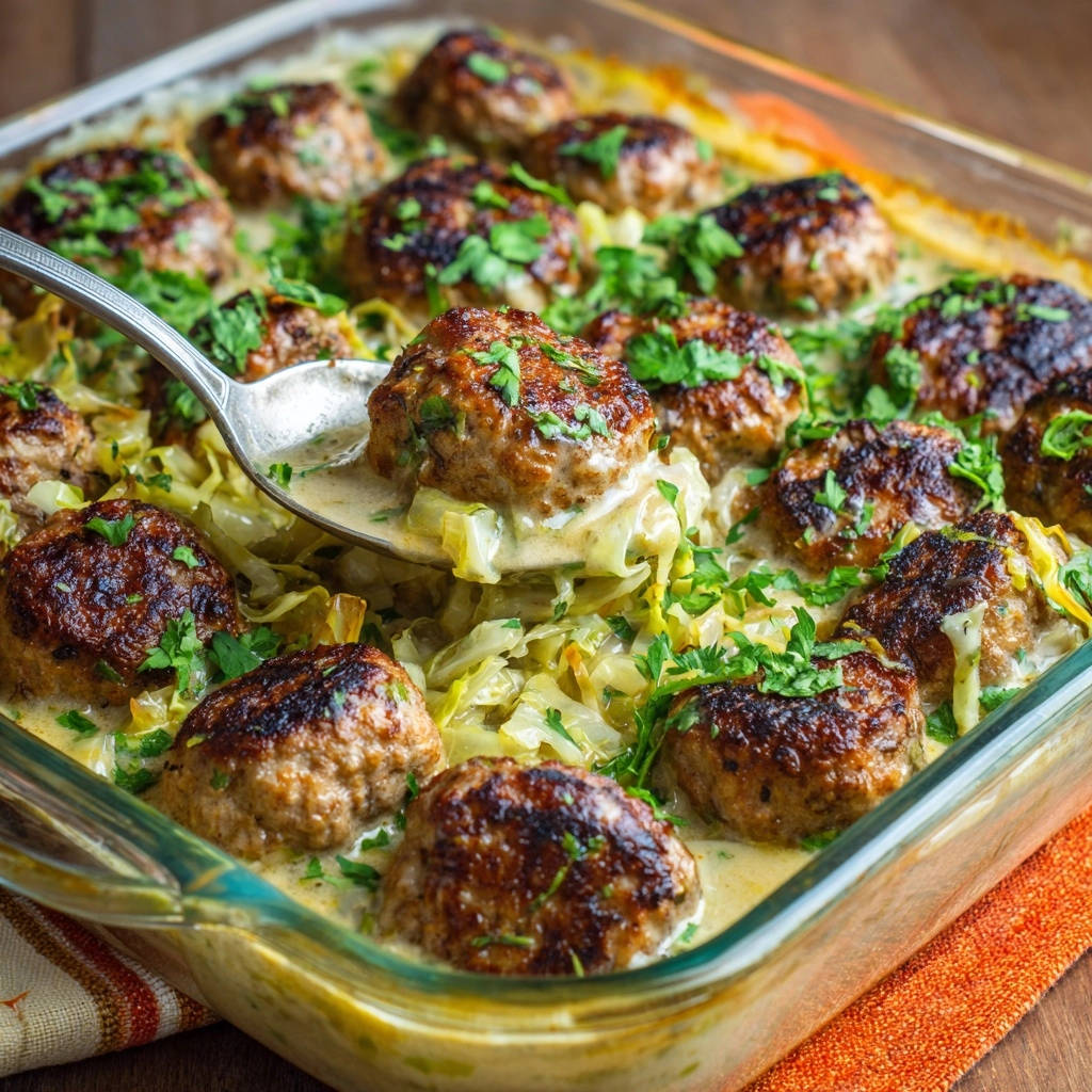 Deftige Kohlpfanne mit saftigen Hackbällchen, eine Portion wird mit einem Löffel herausgenommen, um die cremige Soße zu zeigen.