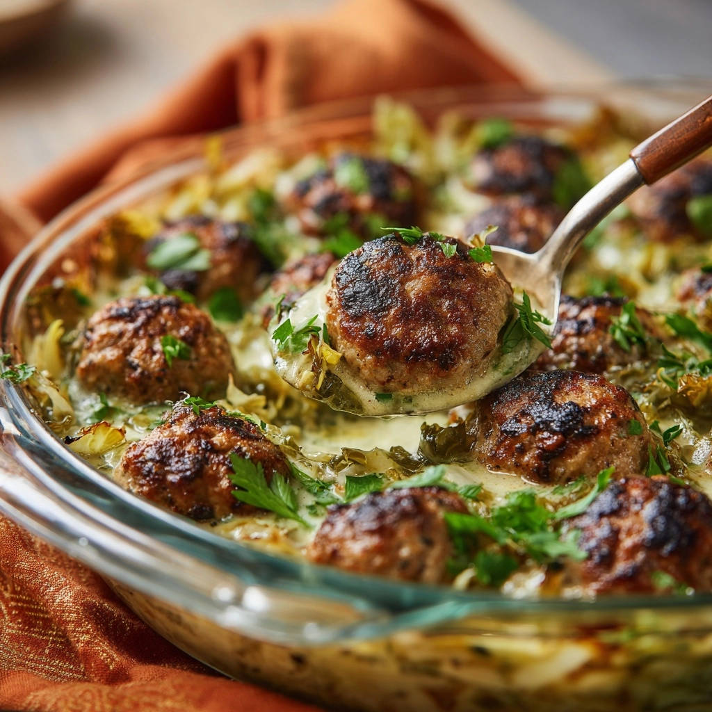 Deftige Kohlpfanne mit saftigen Hackbällchen, aus der ein Löffel mit einem Hackbällchen und Soße herausgehoben wird.