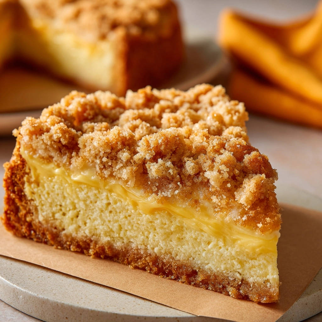 Käsekuchen mit Vanille-Creme und Streuseln, ein saftiges Stück Kuchen mit sichtbarem cremigen Inneren und Streuseldecke.