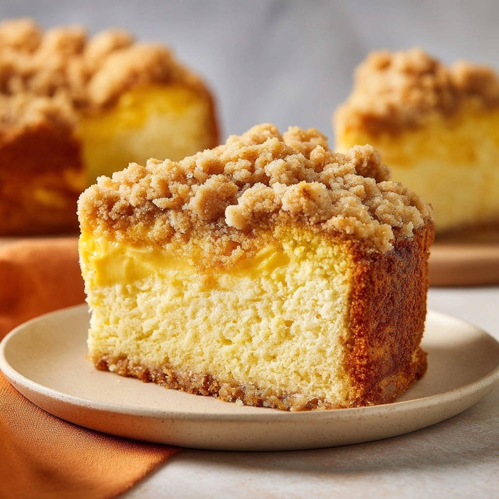 Käsekuchen mit Vanille-Creme und Streuseln, angeschnitten und auf einem Teller serviert, zeigt die cremige Füllung.