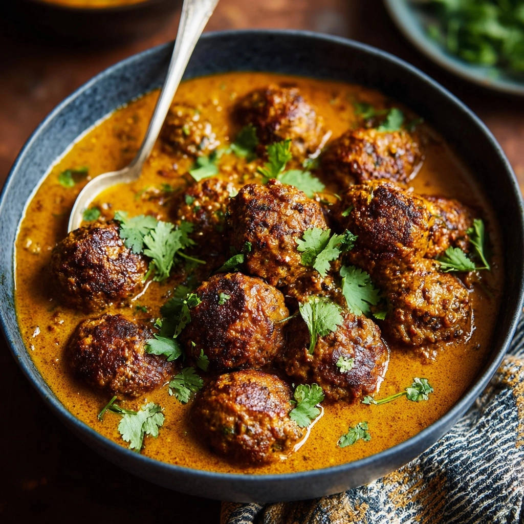 Herzhaftes Linsen-Curry mit aromatischen Hackbällchen in cremiger Sauce, garniert mit frischen Korianderblättern, Nahaufnahme