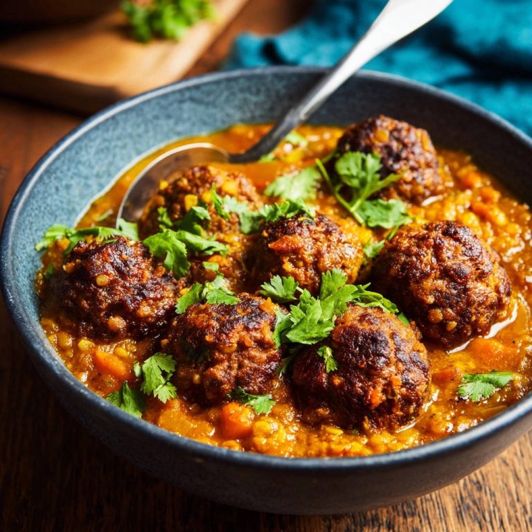 Herzhaftes Linsen-Curry mit aromatischen Hackbällchen, serviert in einer blauen Schüssel mit frischer Petersilie garniert