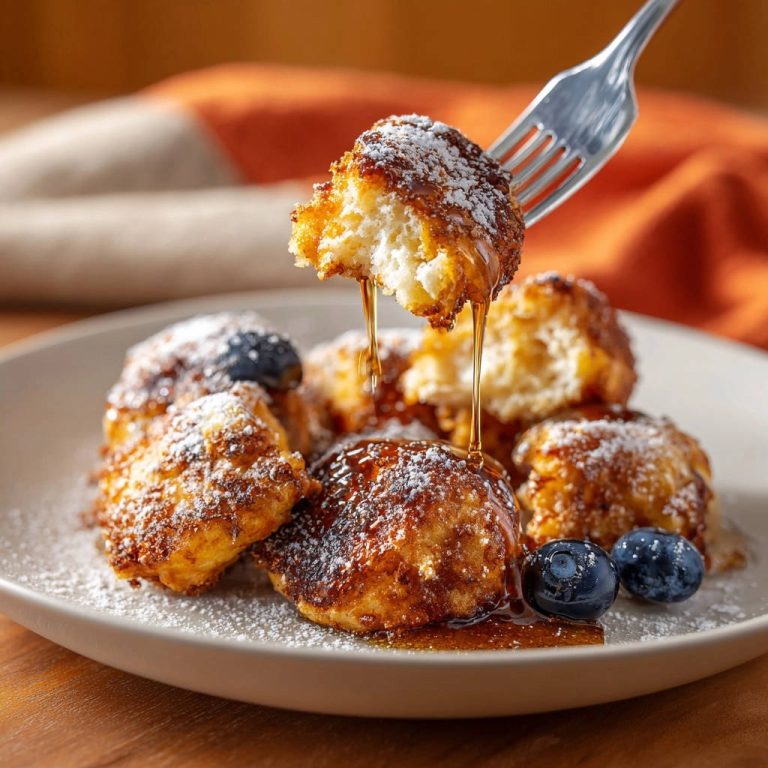 Luftige Pfannkuchen-Bällchen mit Ahornsirup und Puderzucker, eine Gabel hebt ein Stück mit tropfendem Sirup hervor.