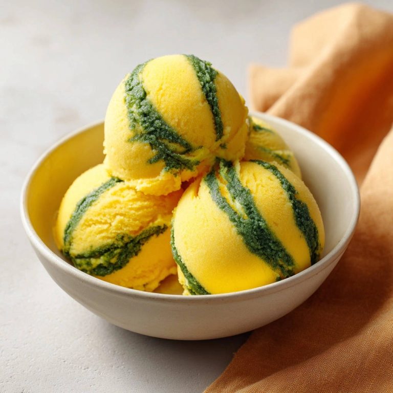Sonnenverwöhntes Melonen-Minz-Sorbet als geschichtete Kugeln in einer Schüssel, mit einem orangefarbenen Tuch im Hintergrund.