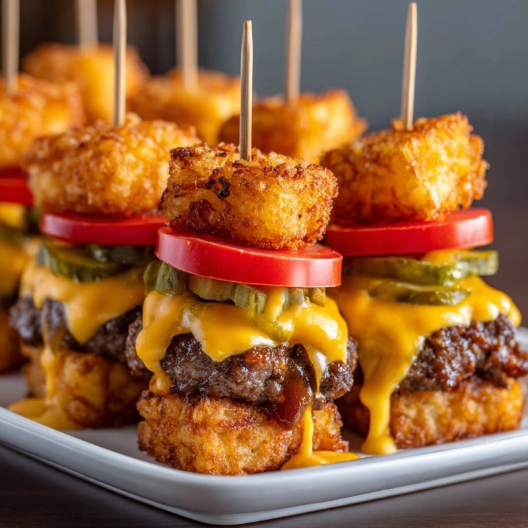 Mini-Burger mit knusprigen Kartoffel-Buns, serviert auf einem Teller mit geschmolzenem Käse und einer Zahnstocherspitze.