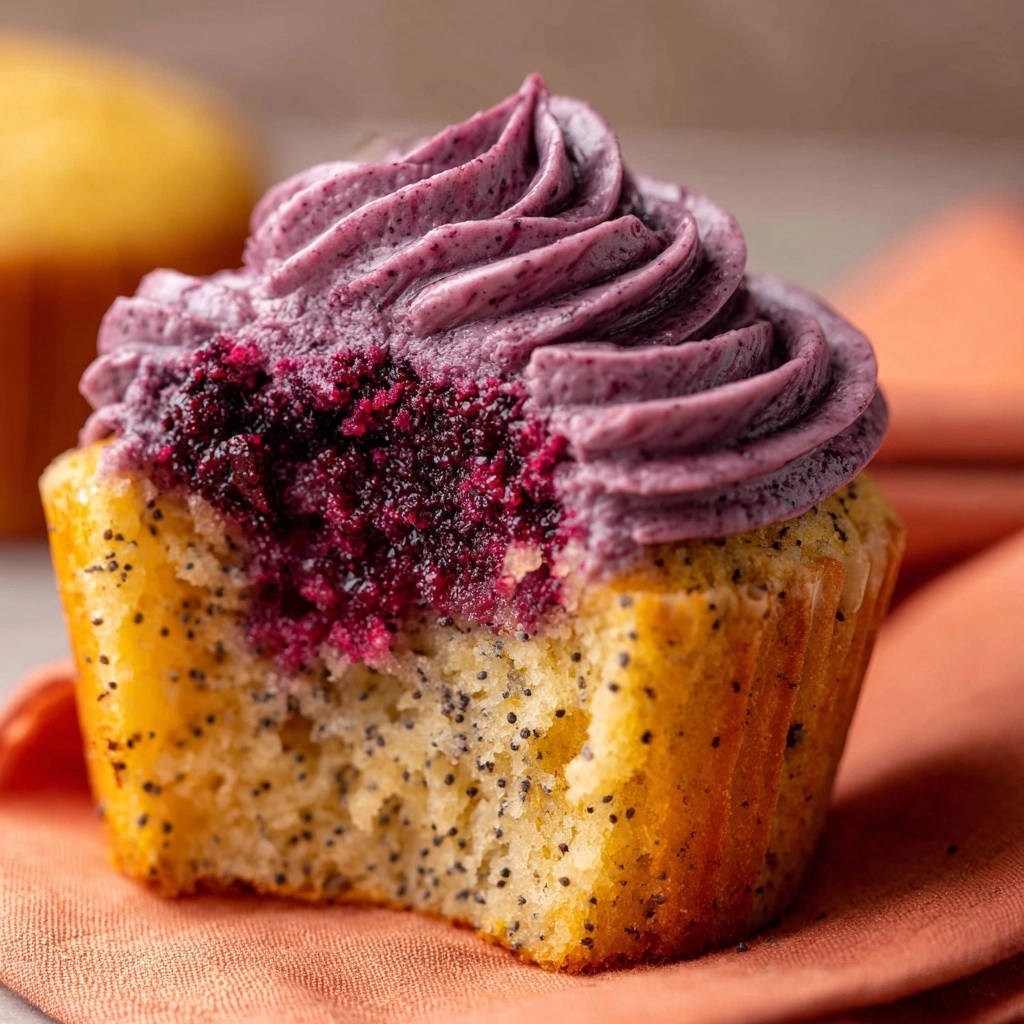 Saftige Mohn-Beeren-Cupcakes angeschnitten mit lila Beeren-Frosting und sichtbarer Füllung, Nahaufnahme.