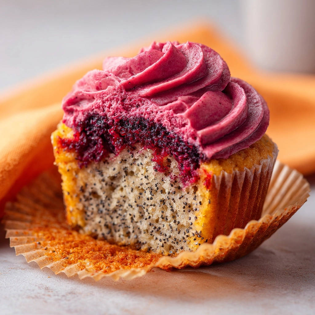 Saftige Mohn-Beeren-Cupcakes angeschnitten mit rosa Beeren-Frosting und sichtbarem Kern im Papierförmchen.