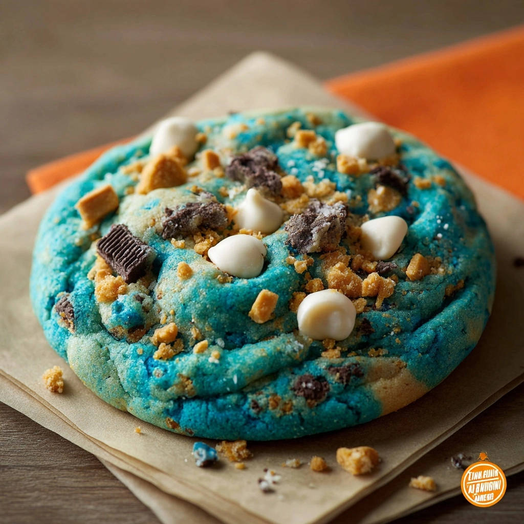 Ultimativer Monster-Cookie mit blauer Teigfarbe, weißen Schokodrops und zerbröselten Keksen, Nahaufnahme des Toppings und der Textur.