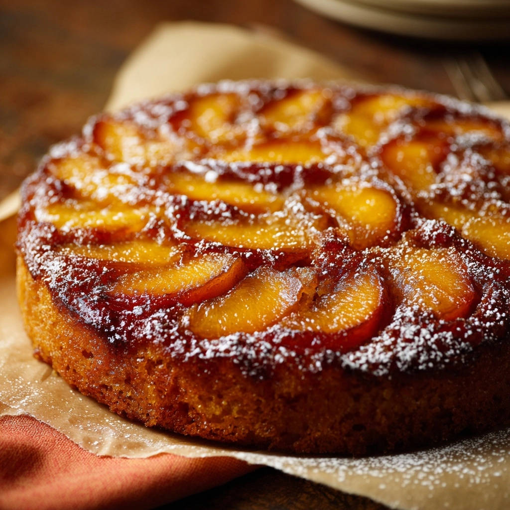 Saftiger Pfirsich-Kopfstandkuchen, detailreich mit Puderzucker bestäubt und mit karamellisierten Pfirsichscheiben belegt.