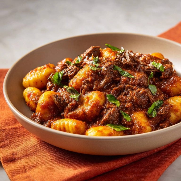 Deftiges Rinderragu auf Gnocchi, eine Nahaufnahme des reichhaltigen Gerichts mit frischen Kräutern garniert.