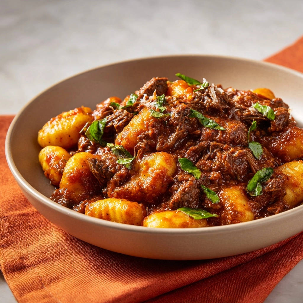 Deftiges Rinderragu auf Gnocchi, eine Nahaufnahme des reichhaltigen Gerichts mit frischen Kräutern garniert.