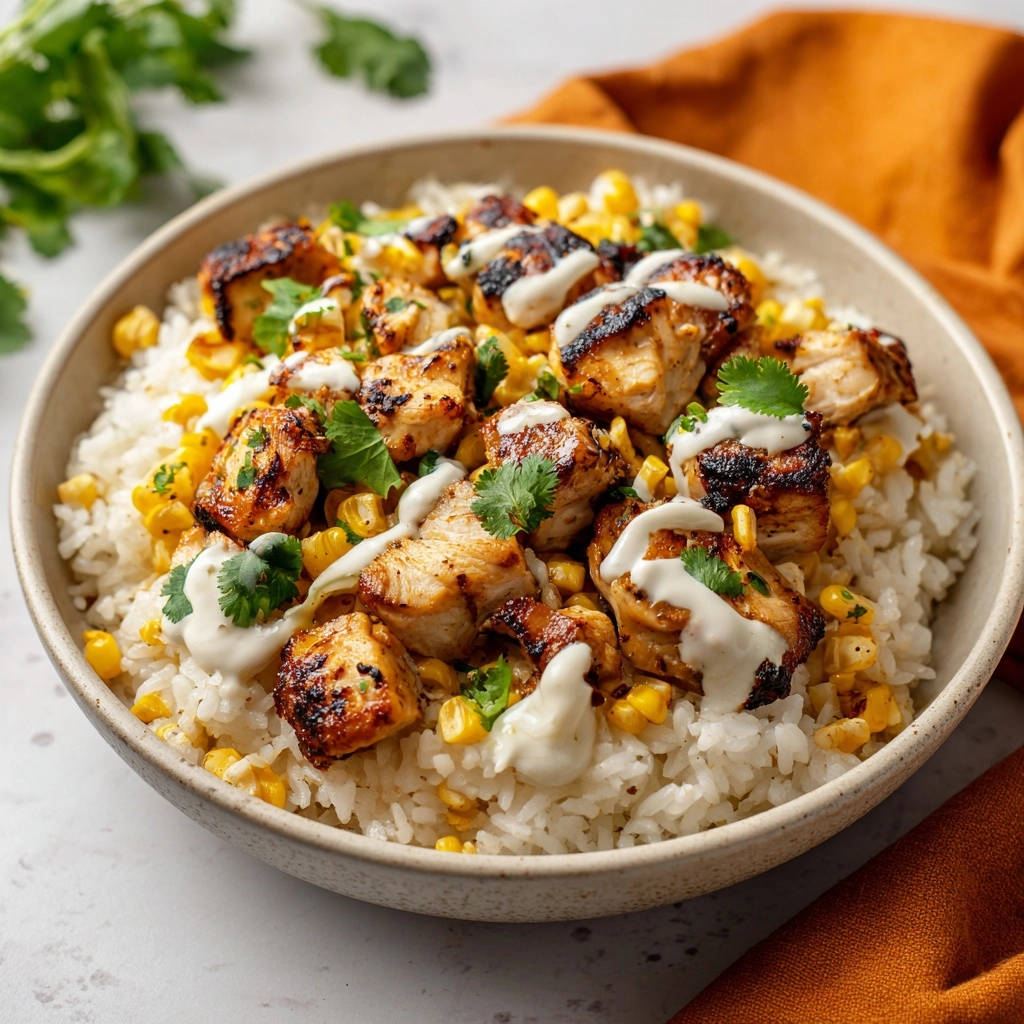 Saftige Hähnchen-Reis-Bowl mit Charred Corn, Nahaufnahme der marinierten Hähnchenstücke mit cremiger Sauce und Koriander garniert.