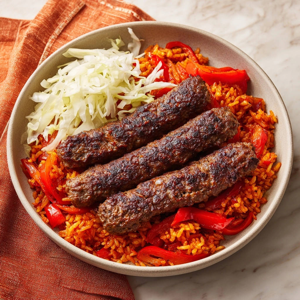 Saftige Köfte mit Gewürzreis und frischem Salat, nahaufnahme der saftigen Fleischspieße auf dem bunten Reis.