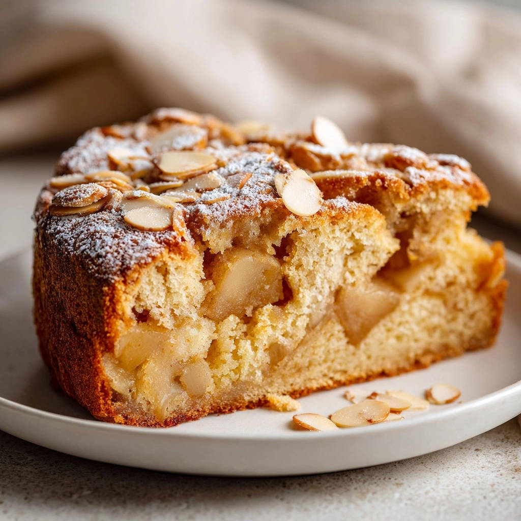 Saftiger Apfelkuchen mit Mandeln, angeschnitten auf einem Teller präsentiert, mit sichtbaren Apfelstücken im Inneren.