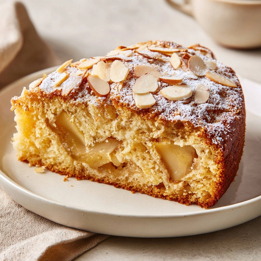 Saftiger Apfelkuchen mit Mandeln, gezeigt als angeschnittene Scheibe mit sichtbaren Apfelstücken und Mandel-Topping.