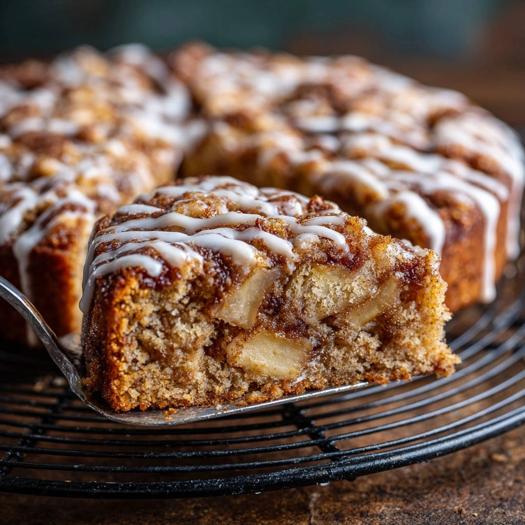 Saftiger Apfelkuchen mit Streuseln und Zimt, angeschnitten und mit einer weißen Glasur garniert, zeigt die saftige Apfelstücke im Inneren.
