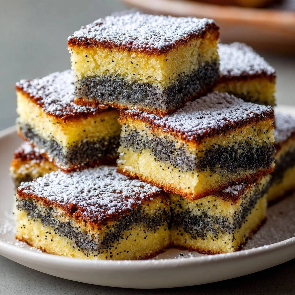 Saftiger Mohnkuchen vom Blech im angeschnittenen Querschnitt, gestapelt auf einem Teller, mit Puderzucker bestäubt.