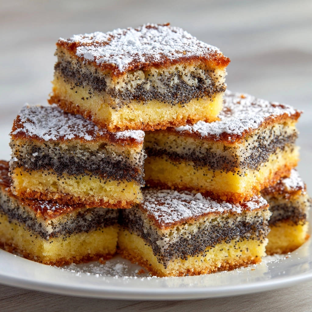 Saftiger Mohnkuchen vom Blech, gestapelt auf einem Teller, mit einem großzügigen Puderzucker bestäubt.