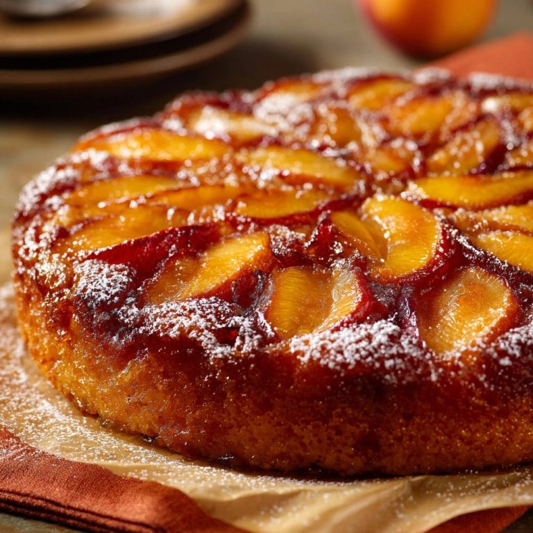 Saftiger Pfirsich-Kopfstandkuchen, von oben mit Puderzucker bestäubt und mit den karamellisierten Pfirsichscheiben dekoriert.