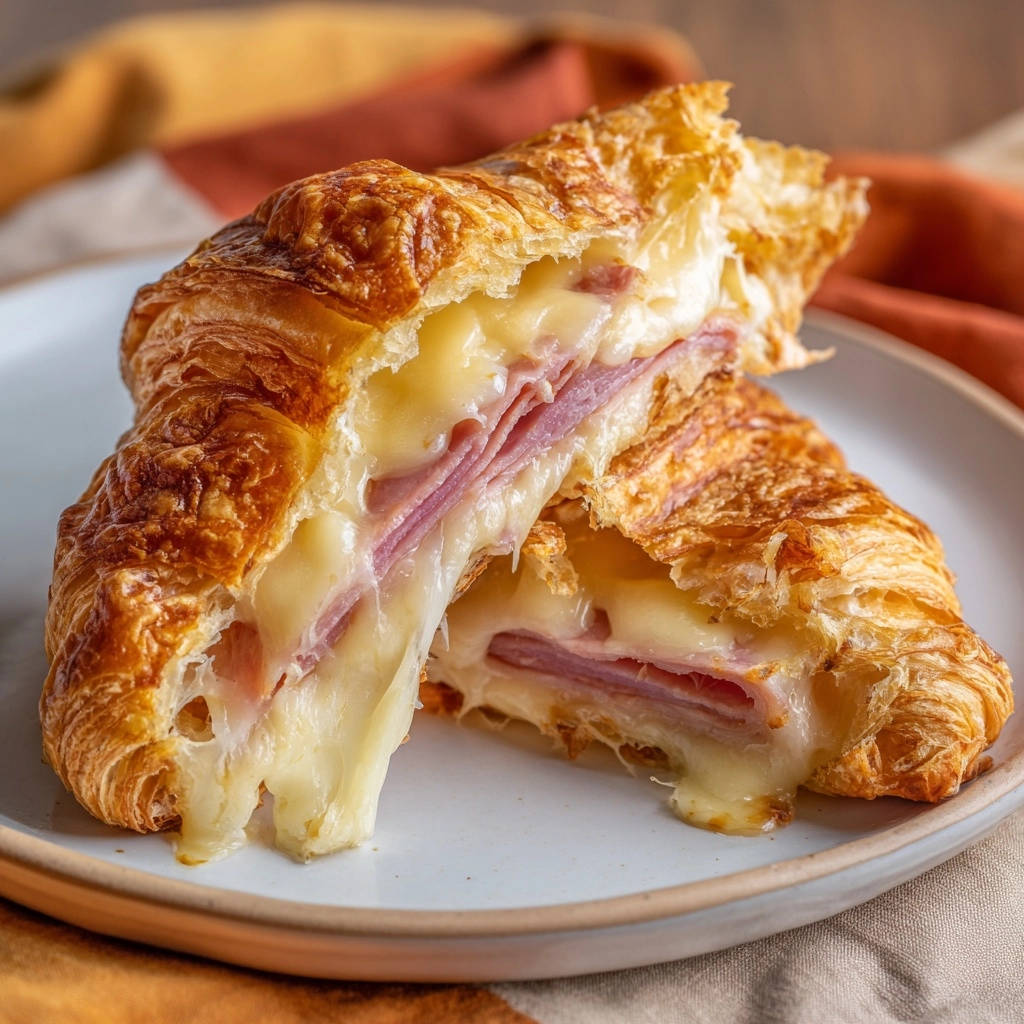 Goldene Schinken-Käse-Croissants angeschnitten, mit geschmolzenem Käse, der innen herausläuft, auf einem Teller serviert.