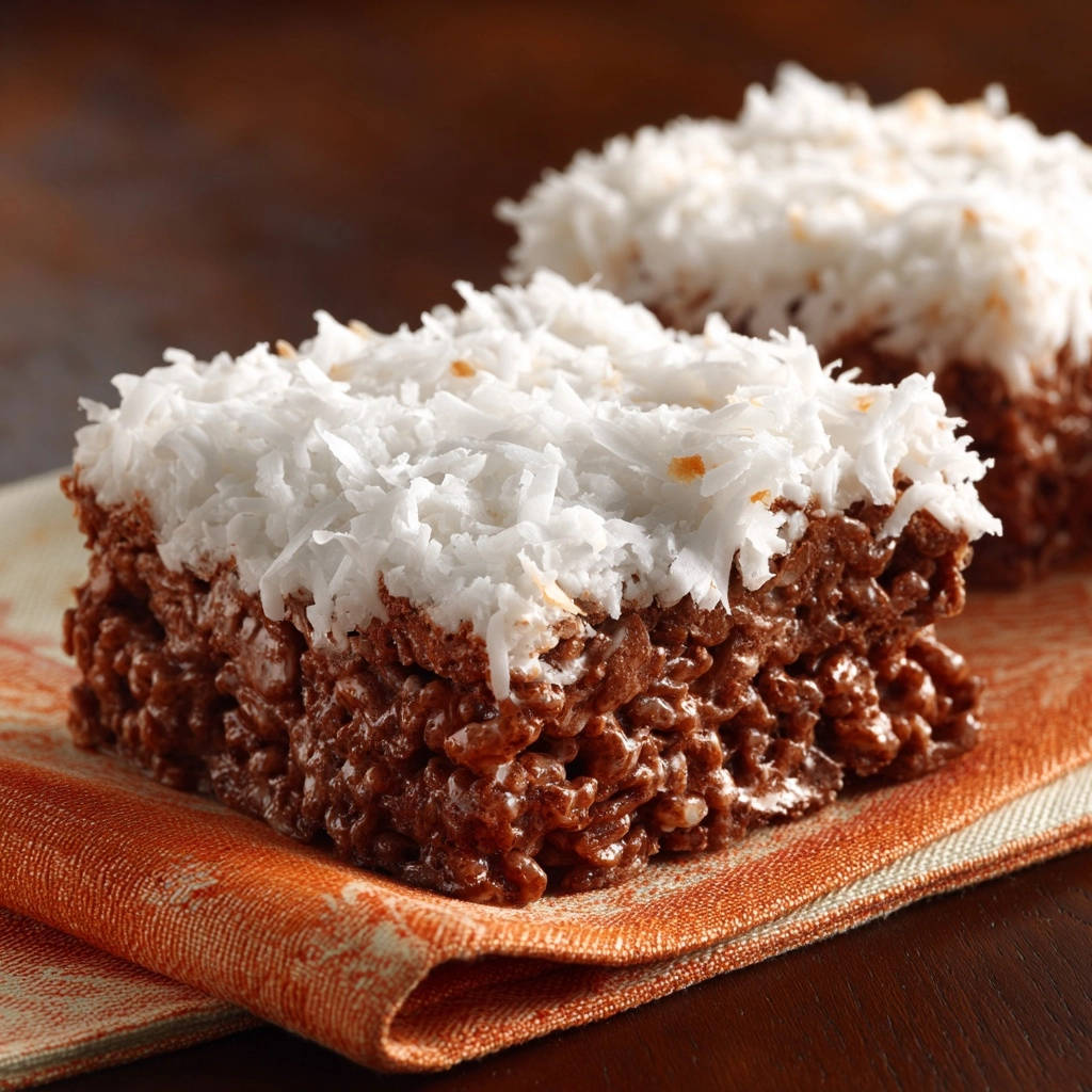 Saftiger Schoko-Kokos-Traum als Nahaufnahme eines Stücks auf einer orangen Serviette mit Kokosraspeln bestreut.