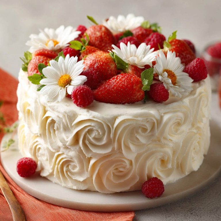 Sommerliche Beeren-Blüten-Torte, mit frischen Beeren und Gänseblümchen garniert, auf einem weißen Tortenständer