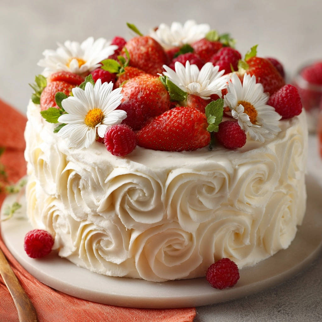 Sommerliche Beeren-Blüten-Torte, mit frischen Beeren und Gänseblümchen garniert, auf einem weißen Tortenständer