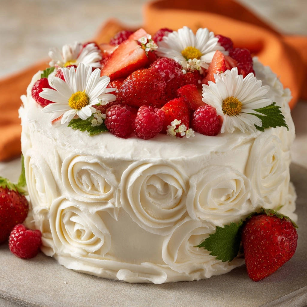Sommerliche Beeren-Blüten-Torte mit kunstvollem Rosen-Frosting und frischen Beeren und Blüten dekoriert.