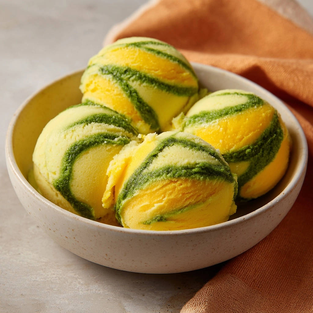 Sonnenverwöhntes Melonen-Minz-Sorbet in einer Schüssel, Nahaufnahme der geschichteten Textur mit leuchtenden Gelb- und Grüntönen.