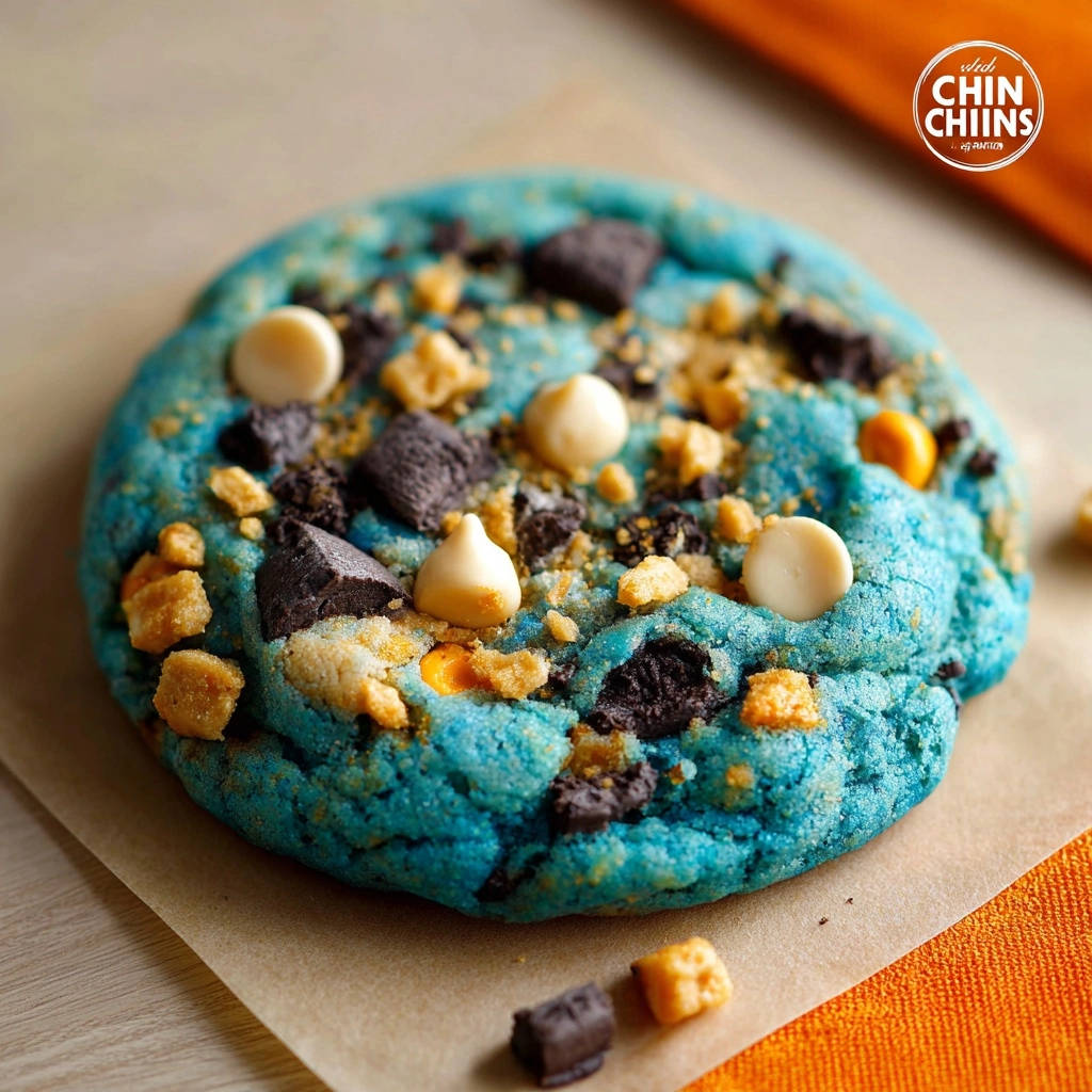 Ultimativer Monster-Cookie, eine einzelne, blau gefärbte Kekskreation mit vielen weißen Schokoladenchips und Oreo-Krümeln, nah aufgenommen.