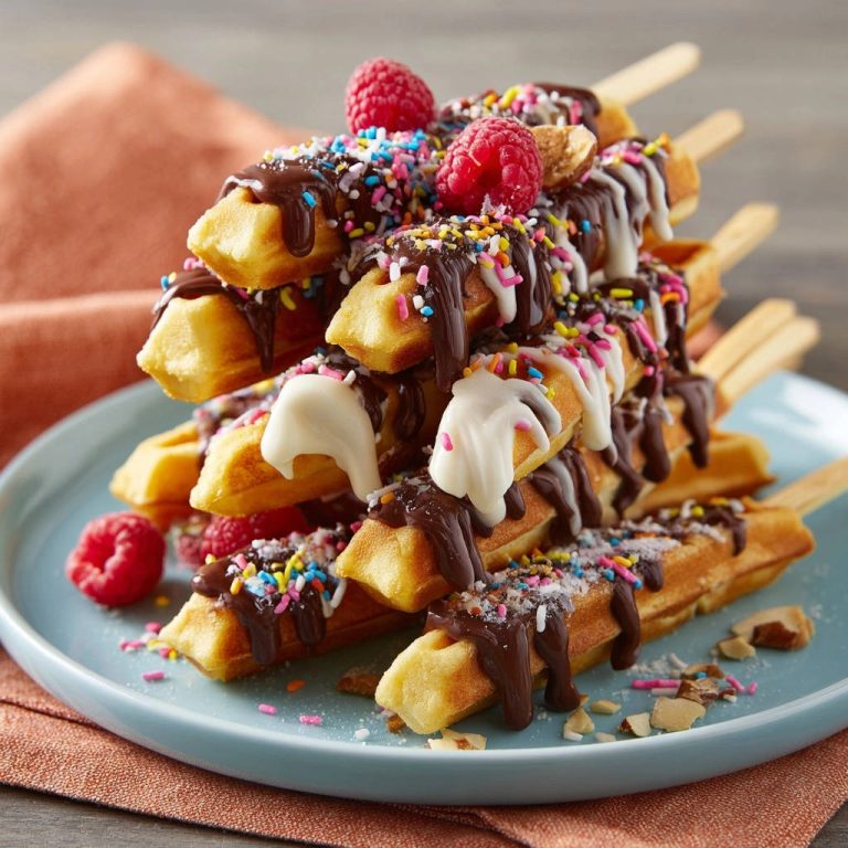 Waffel-Pops Deluxe gestapelt auf einem Teller, mit Schokoladenglasur, bunten Streuseln und frischen Himbeeren garniert.