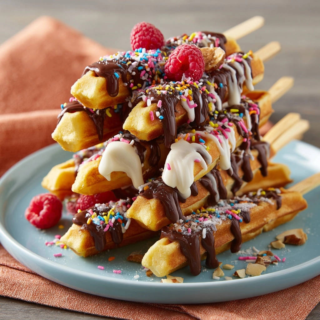 Waffel-Pops Deluxe gestapelt auf einem Teller, mit Schokoladenglasur, bunten Streuseln und frischen Himbeeren garniert.