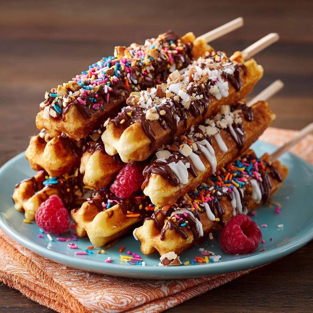Waffel-Pops Deluxe, gestapelt auf einem blauen Teller und dekoriert mit Schokoladenglasur, bunten Streuseln und frischen Himbeeren.