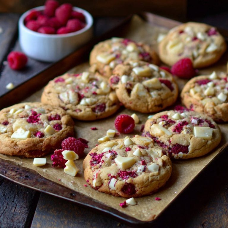 Saftige Weiße Schokolade-Himbeer Cookies, nahaufnahme des frisch gebackenen Kekses mit Himbeeren und Schokoladenstücken
