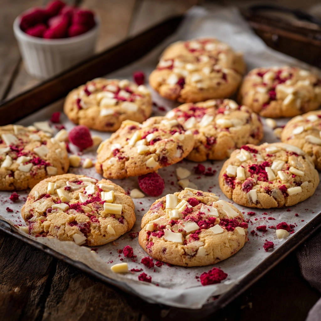 Saftige Weiße Schokolade-Himbeer Cookies frisch gebacken auf einem Backblech mit Himbeeren und Schokoladenstückchen.